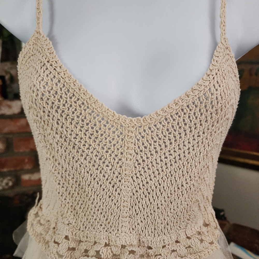 Lollita Cream Tulle Maxi Dress Crochet Bodice Boho Cottagecore Bridal Ethereal - Picture 4 of 15